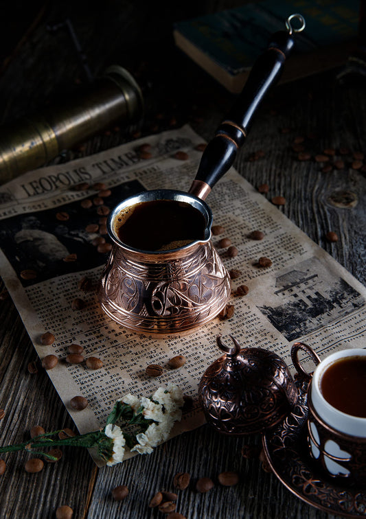 DEMMEX Thickest Copper Turkish Greek Arabic Coffee Pot, Stovetop Coffee Maker, Cezve Ibrik Briki with Wooden Handle & Spoon, Hand Engraved (Copper, 9 fl Oz-3 ppl)