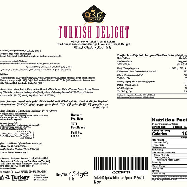 Cerez Pazari Turkish Delight With Rose, Orange, & Lemon Flavors, Gourmet Medium Size Snacks Gift Box, Traditional Confectionery Loukoumi, Vegan Candy Dessert Turkish Delight, No Nuts, 16 oz.