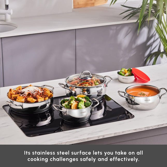 KARACA Stainless Steel Cookware Emirgan XL Set of 10 Piece, Pot, Deep Pot, Casserole, Container with Lid, Easy to Use Stylish Handles, Heat Resistant Cover, Essential Kitchen Accessory