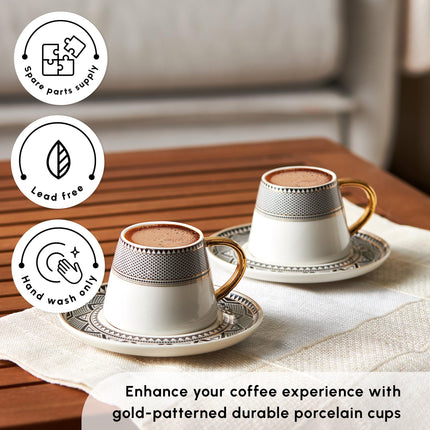 KARACA Globe Turkish Coffee Cup Set of 6, 80ml, 2.7 oz, Small Espresso Cups with Saucers, Porcelain, Black Patterns, and Gold Handles, Ideal for Serving Greek, Arabic Coffee