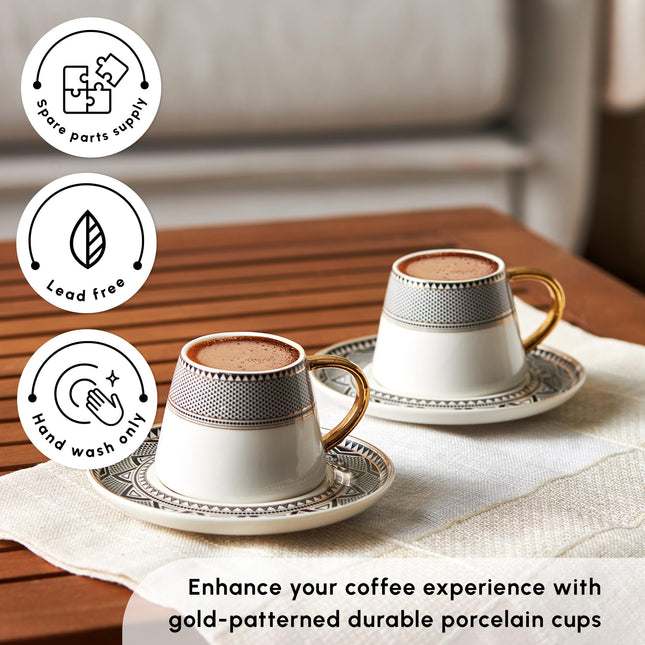 KARACA Globe Turkish Coffee Cup Set of 6, 80ml, 2.7 oz, Small Espresso Cups with Saucers, Porcelain, Black Patterns, and Gold Handles, Ideal for Serving Greek, Arabic Coffee