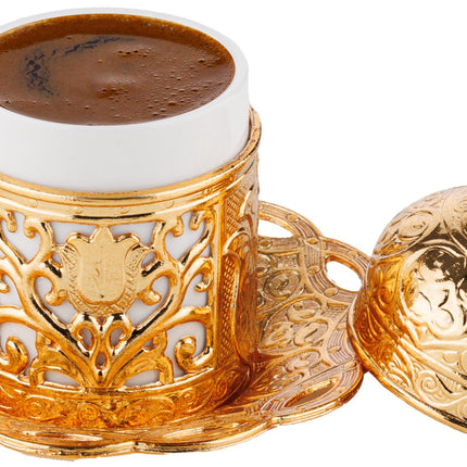 DEMMEX Turkish Greek Arabic Coffee Making and Serving Full Set with Cups Saucers Lids Sugar Bowl Tray and Copper Coffee Pot, 12 Pcs (Gold)