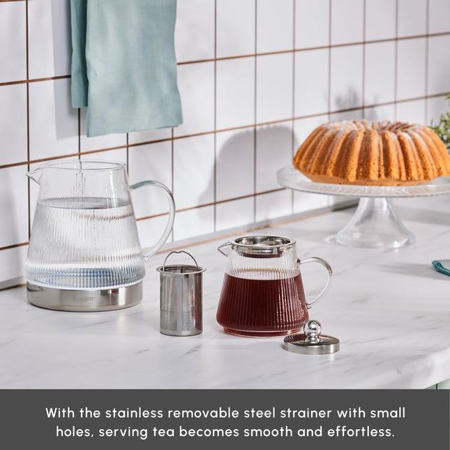 Karaca Keops Turkish Teapot with Infuser and Lid (450 ml Tea Pot &amp; 1500 ml Induction Kettle) - Borosilicate Glass Teapot Set for Stovetops - Clear Tea Maker with 10-15 Cups Capacity