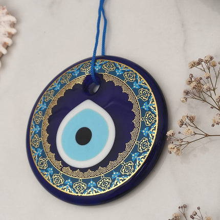 Erbulus 4.3" Glass Blue Evil Eye Wall Hanging Gold Patterned Ornament - Evil Eye Decor - Turkish Handmade Nazar Amulet - Home Protection Charm - Evil Eye Wall Decor