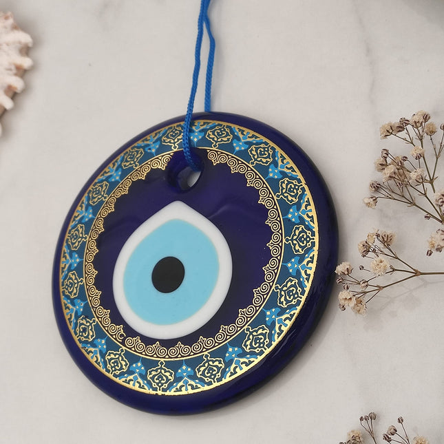Erbulus 4.3" Glass Blue Evil Eye Wall Hanging Gold Patterned Ornament - Evil Eye Decor - Turkish Handmade Nazar Amulet - Home Protection Charm - Evil Eye Wall Decor