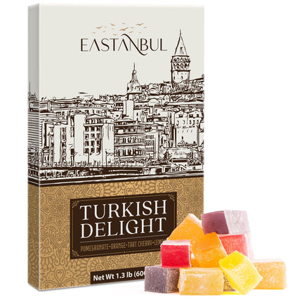 Eastanbul Turkish Delight Candy 21.2oz, 4 Flavors Pomegranate, Orange, Tart Cherry, &amp; Lemon Turkish Delights Assorted, Foreign Candy of Turkish Turkish Delight, Turkish Delight Plain, International Candy Box, Valentine's Day Gift