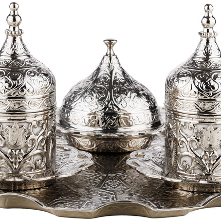 DEMMEX Turkish Greek Arabic Coffee Making and Serving Full Set with Cups, Saucers, Lids, Sugar Bowl, Tray and Antiqued Copper Coffee Pot, 12 Pcs (Silver)