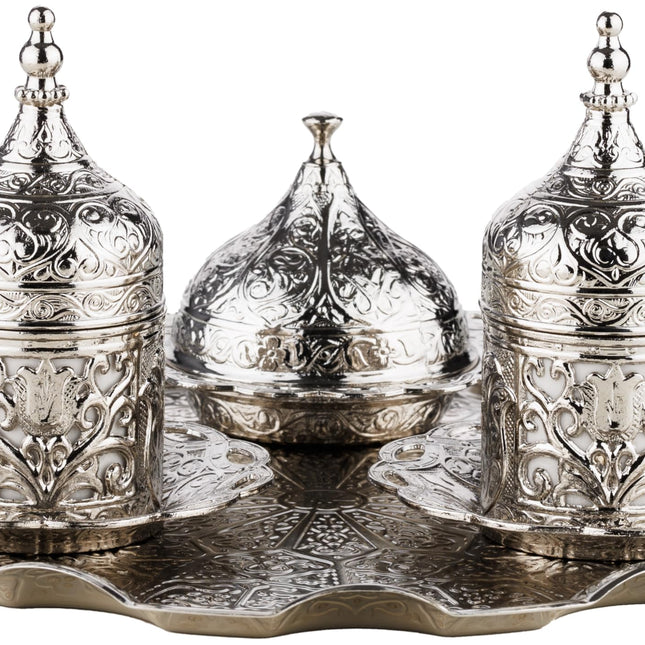 DEMMEX Turkish Greek Arabic Coffee Making and Serving Full Set with Cups, Saucers, Lids, Sugar Bowl, Tray and Antiqued Copper Coffee Pot, 12 Pcs (Silver)