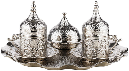 DEMMEX Turkish Greek Arabic Coffee Making and Serving Full Set with Cups, Saucers, Lids, Sugar Bowl, Tray and Antiqued Copper Coffee Pot, 12 Pcs (Silver)