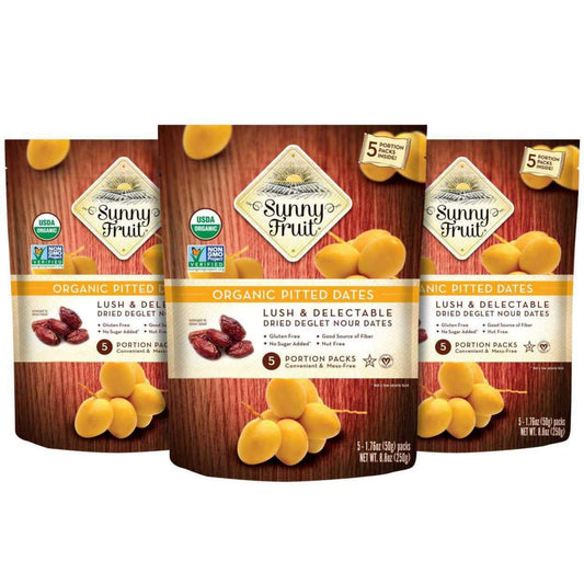 ORGANIC Pitted Dried Dates - Sunny Fruit (3 Bags) - (5) 1.76oz. Portion Packs per Bag | Purely Dates - NO Added Sugars, Sulfurs or Preservatives | NON-GMO, VEGAN, HALAL & KOSHER