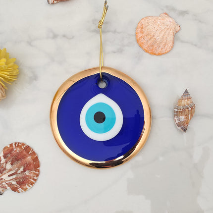 Erbulus 3.5" Glass Blue Evil Eye Wall Hanging Gold Ornament - Turkish Nazar Bead - Home Protection Charm - Gold Wall Decor Amulet in a Box (Medium)
