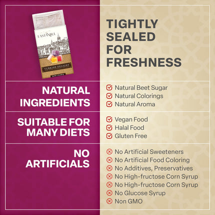 Eastanbul Turkish Delight Candy 21.2oz, 4 Flavors Pomegranate, Orange, Tart Cherry, &amp; Lemon Turkish Delights Assorted, Foreign Candy of Turkish Turkish Delight, Turkish Delight Plain, International Candy Box, Valentine's Day Gift