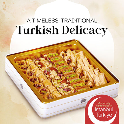 Cerez Pazari Baklava Pastry Gift Set - Turkish Baklava Pastry With Nuts &amp; Spices - Baklava Gift Box From Turkey - Pastry, Halal Snacks - Assorted 45-48 Pieces Per Metal Dessert Box - 1.32 lbs