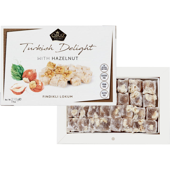 Cerez Pazari Turkish Delight Hazelnut Candy Gourmet Premium Vegan Sweets Small Gift Box 7.4oz | Luxury Traditional Soft Confectionery Turkish Delight (Loukoumi) | Small Size Snacks Apprx.35 Pcs