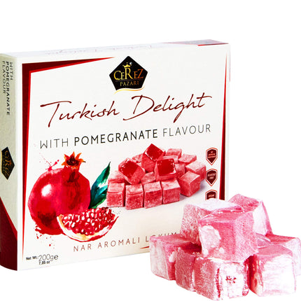 Cerez Pazari Turkish Delight with Pomegranate Flavor 200 gr Gourmet Small Size Snacks Gift Box No Nuts Sweet Luxury Traditional Confectionery Vegan Candy Dessert Glucose Free Turkish Delight Approx.18 Pcs