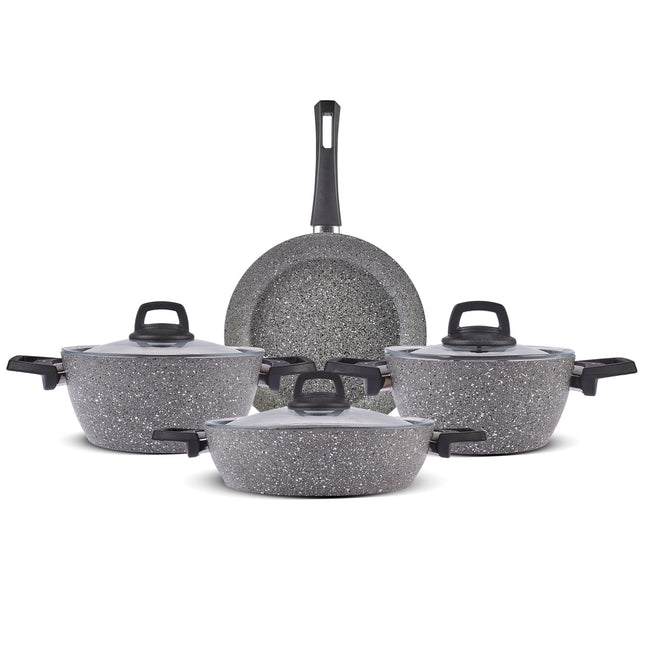 Karaca Gris BioGranite 7 Piece Granite Cookware Pot and Pan Set, Non-Stick Coating, Dishwasher-Safe &amp; Induction Pot Set, Granite Pots and Pans, 3 Pots with 3 Glass Lids and 1 Frying Pan