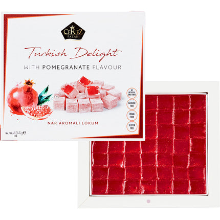 Turkish Delight Pomegranate Flavor, Gourmet Medium Size Snacks Gift Box, Sweet Luxury Traditional Confectionery, Vegan Soft Candy Dessert Loukoumi, Nuts &amp; Glucose-Free Turkish Delight, Approx. 42Pcs, 16oz.