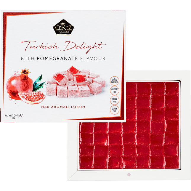 Turkish Delight Pomegranate Flavor, Gourmet Medium Size Snacks Gift Box, Sweet Luxury Traditional Confectionery, Vegan Soft Candy Dessert Loukoumi, Nuts &amp; Glucose-Free Turkish Delight, Approx. 42Pcs, 16oz.