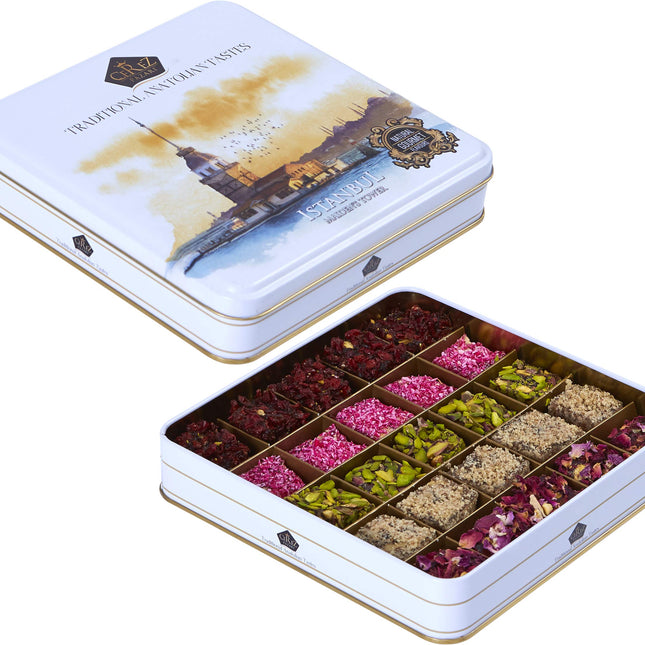 Cerez Pazari Turkish Delight In 4 Flavors, With Pistachio, Hazelnut & Walnut, Assorted Gourmet Turkish Delight In Elegant Tin Gift Box, Sweet Traditional Soft Candy Dessert 25 Pcs, 1.1 lb (500g)