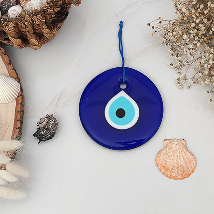 Erbulus 4.3" Glass Blue Evil Eye Wall Hanging Ornament - Turkish Handmade Nazar Amulet - Home Protection Charm - Wall Decor in a Box