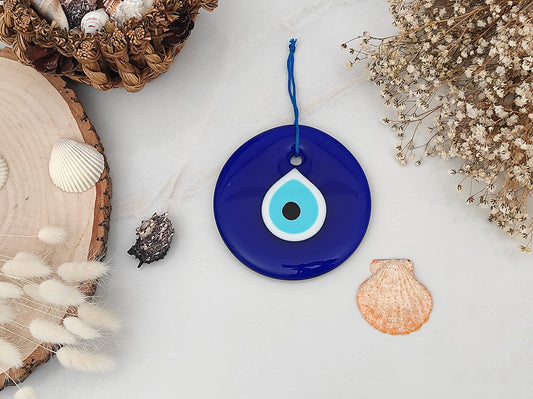 Erbulus 4.3" Glass Blue Evil Eye Wall Hanging Ornament - Turkish Handmade Nazar Amulet - Home Protection Charm - Wall Decor in a Box