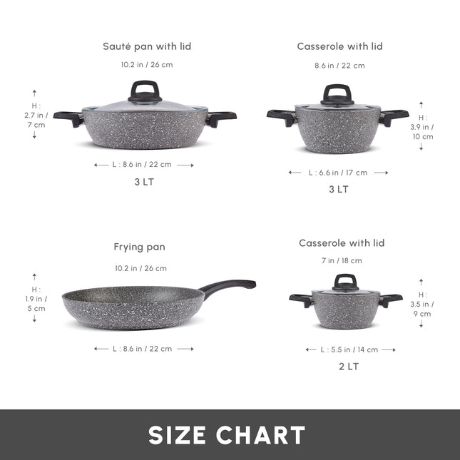 Karaca Gris BioGranite 7 Piece Granite Cookware Pot and Pan Set, Non-Stick Coating, Dishwasher-Safe & Induction Pot Set, Granite Pots and Pans, 3 Pots with 3 Glass Lids and 1 Frying Pan