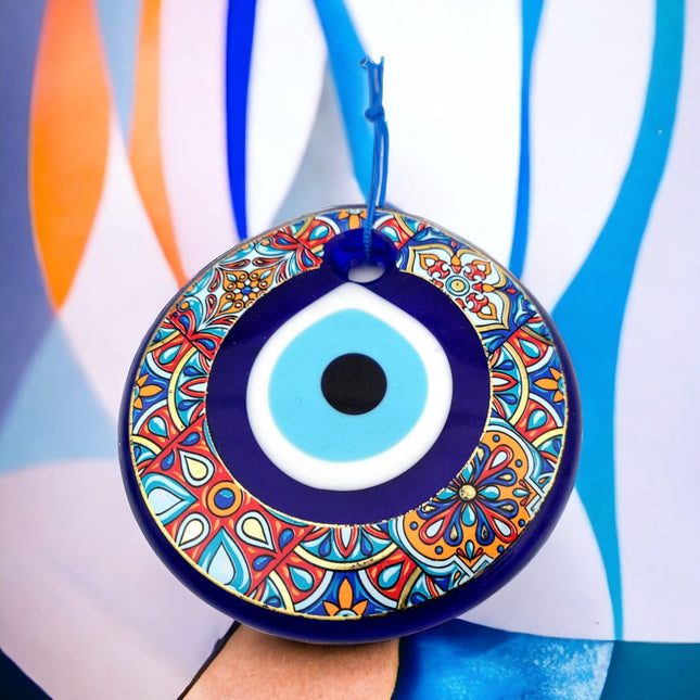 Erbulus 4.3" Glass Blue Evil Eye Wall Hanging Colorful Patterned Ornament - Evil Eye Decor - Turkish Handmade Nazar Amulet - Home Protection Charm - Evil Eye Wall Decor in a Box