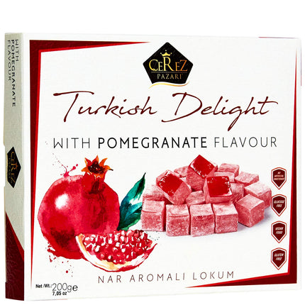 Cerez Pazari Turkish Delight with Pomegranate Flavor 200 gr Gourmet Small Size Snacks Gift Box No Nuts Sweet Luxury Traditional Confectionery Vegan Candy Dessert Glucose Free Turkish Delight Approx.18 Pcs