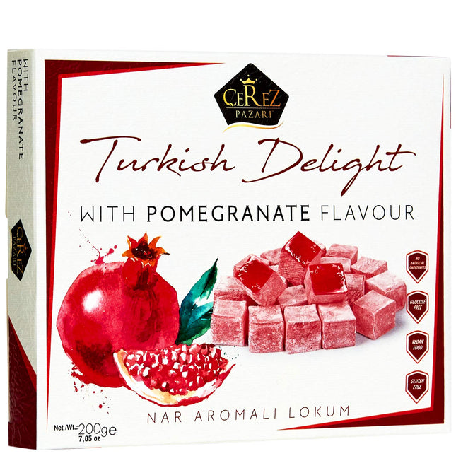 Cerez Pazari Turkish Delight with Pomegranate Flavor 200 gr Gourmet Small Size Snacks Gift Box No Nuts Sweet Luxury Traditional Confectionery Vegan Candy Dessert Glucose Free Turkish Delight Approx.18 Pcs