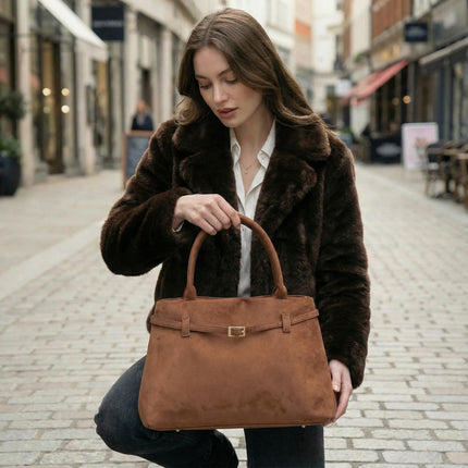 Base'ic Brown Suede Tote Bag - Vegan Brown Suede Purses for Women with Gold Hardware, Adjustable Belt, Magnetic Closure - Elegant Shoulder Bag Hobo Bag - Stylish Brown Purse - Work Bag, City Bag