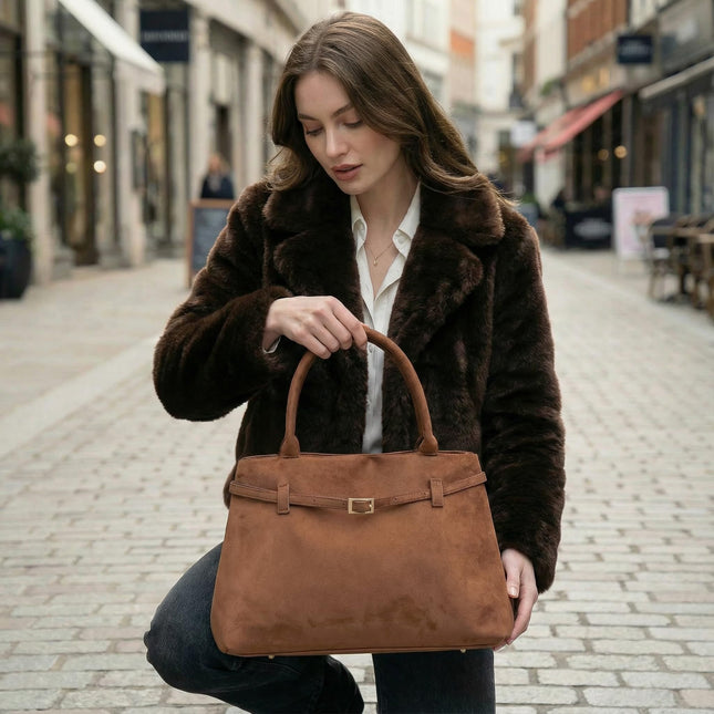 Base'ic Brown Suede Tote Bag - Vegan Brown Suede Purses for Women with Gold Hardware, Adjustable Belt, Magnetic Closure - Elegant Shoulder Bag Hobo Bag - Stylish Brown Purse - Work Bag, City Bag