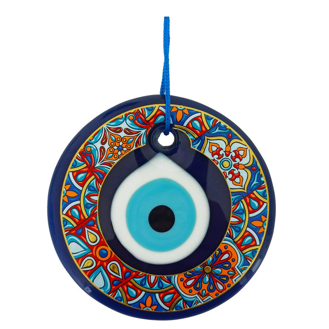 Erbulus 4.3" Glass Blue Evil Eye Wall Hanging Colorful Patterned Ornament - Evil Eye Decor - Turkish Handmade Nazar Amulet - Home Protection Charm - Evil Eye Wall Decor in a Box