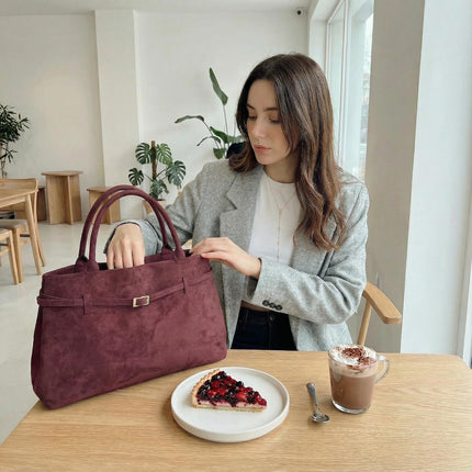 Base'ic Burgundy Suede Tote Bag - Vegan Burgundy Suede Purses for Women with Gold Hardware, Adjustable Belt, Magnetic Closure - Elegant Shoulder Bag Hobo Bag - Stylish Suede Purse - Work Bag, City Bag