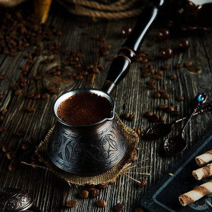 DEMMEX Thickest Engraved Solid Copper Turkish Coffee Pot – Stovetop Greek, Arabic Coffee Maker, Cezve, Ibrik, Briki – Wooden Handle &amp; Spoon - Handmade in Turkey (Antique Copper, 9 fl Oz (3ppl))