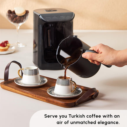 KARACA Globe Turkish Coffee Cup Set of 6, 80ml, 2.7 oz, Small Espresso Cups with Saucers, Porcelain, Black Patterns, and Gold Handles, Ideal for Serving Greek, Arabic Coffee