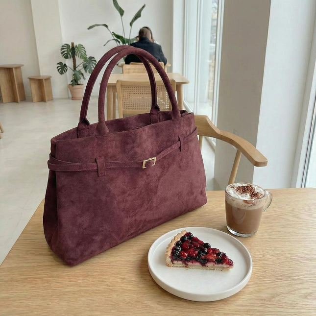 Base'ic Burgundy Suede Tote Bag - Vegan Burgundy Suede Purses for Women with Gold Hardware, Adjustable Belt, Magnetic Closure - Elegant Shoulder Bag Hobo Bag - Stylish Suede Purse - Work Bag, City Bag