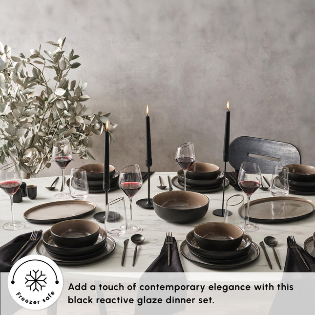 Karaca Mercure Stoneware Plates and Bowls Set, Reactive Glaze Black Dinner Set, Complete Kitchen Tableware Collection, Ideal Dinnerware for 12 People Dining Experience, Dishwasher Safe, 59 Piece