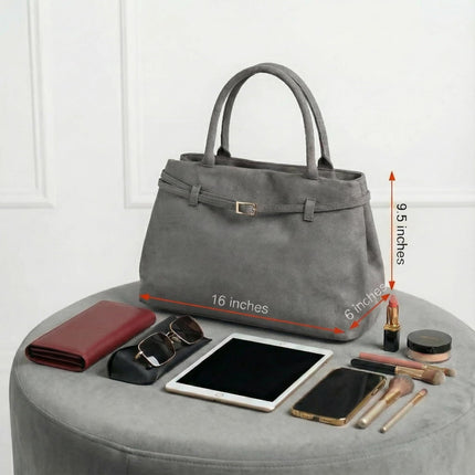Base'ic Gray Suede Tote Bag - Vegan Gray Suede Purses for Women with Gold Hardware, Adjustable Belt, Magnetic Closure - Elegant Shoulder Bag Hobo Bag - Stylish Suede Purse - Work Bag, City Bag