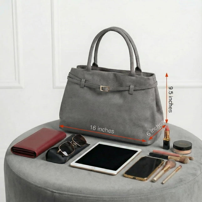 Base'ic Gray Suede Tote Bag - Vegan Gray Suede Purses for Women with Gold Hardware, Adjustable Belt, Magnetic Closure - Elegant Shoulder Bag Hobo Bag - Stylish Suede Purse - Work Bag, City Bag