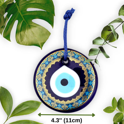 Erbulus 4.3" Glass Blue Evil Eye Wall Hanging Gold Patterned Ornament - Evil Eye Decor - Turkish Handmade Nazar Amulet - Home Protection Charm - Evil Eye Wall Decor