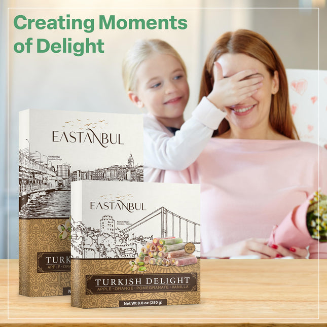 Eastanbul Turkish Delight, 17.6oz, Turkish Delights Candy Sticks Pistachio Filled w/ 4 Flavors: Apple, Orange, Pomegranate, Vanilla, International Candy, Wick Turkish Delight, Vegan Gift