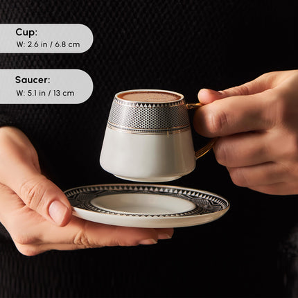 KARACA Globe Turkish Coffee Cup Set of 6, 80ml, 2.7 oz, Small Espresso Cups with Saucers, Porcelain, Black Patterns, and Gold Handles, Ideal for Serving Greek, Arabic Coffee