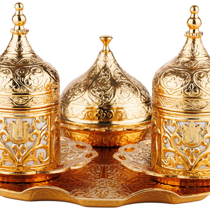 DEMMEX Turkish Greek Arabic Coffee Making and Serving Full Set with Cups Saucers Lids Sugar Bowl Tray and Copper Coffee Pot, 12 Pcs (Gold)
