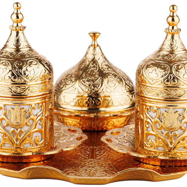 DEMMEX Turkish Greek Arabic Coffee Making and Serving Full Set with Cups Saucers Lids Sugar Bowl Tray and Copper Coffee Pot, 12 Pcs (Gold)