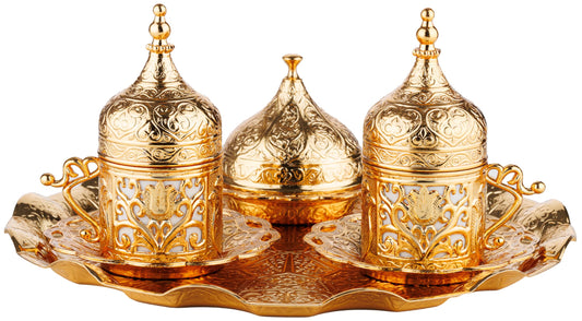 DEMMEX Turkish Greek Arabic Coffee Making and Serving Full Set with Cups Saucers Lids Sugar Bowl Tray and Copper Coffee Pot, 12 Pcs (Gold)
