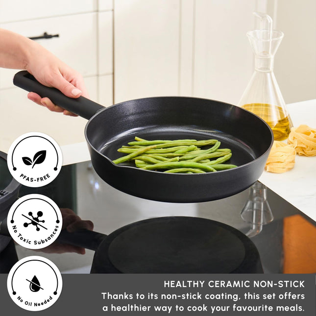 Karaca Swiss Crystal Ceramic Midnight Cookware Set - Non Stick Pots and Pans Set with Lid - PFAS-Free, Dishwasher Safe, Induction Hob Compatible Cookware, Black, 6 Piece