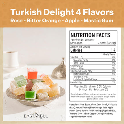 Eastanbul Turkish Delight, 10.5oz, Turkish Delights Candy Assorted, Rose, Orange, Apple, Mastic Flavor, International Candy, Turkish Delight, Plain, Gluten Free, No Synthetic Ingredient, Vegan