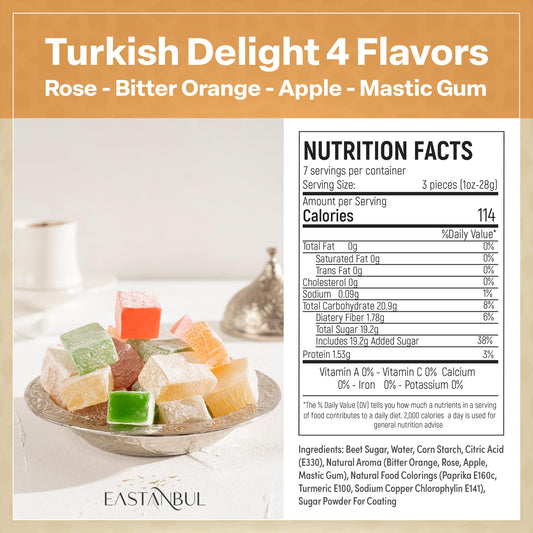 Eastanbul Turkish Delight, 10.5oz, Turkish Delights Candy Assorted, Rose, Orange, Apple, Mastic Flavor, International Candy, Lokum, Plain, Gluten Free, No Synthetic Ingredient, Vegan