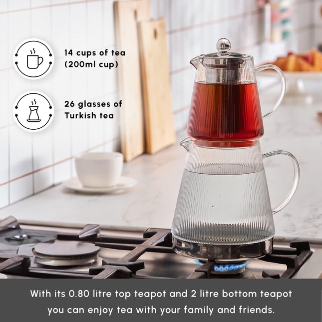 Karaca Keops Turkish Teapot with Infuser and Lid (450 ml Tea Pot &amp; 1500 ml Induction Kettle) - Borosilicate Glass Teapot Set for Stovetops - Clear Tea Maker with 10-15 Cups Capacity