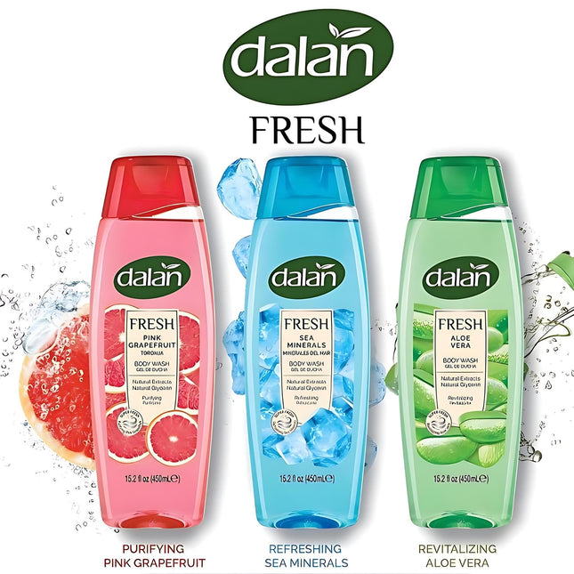 Dalan Natural Extracts Body Wash, with Fresh Pink Grapefruit & Aloe Vera & Sea Minerals, 15.2 fl oz (3 Pack, Grapefruit)